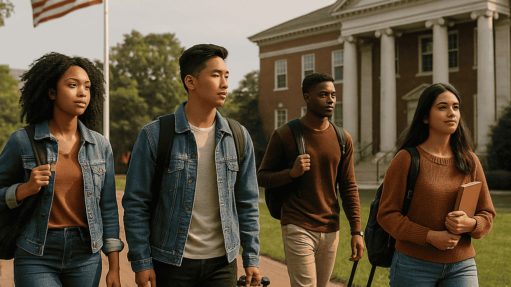Diverse international students walking across a U.S. university campus with suitcases, an American flag, and a historic academic building in the background. Hopeful yet serious mood.